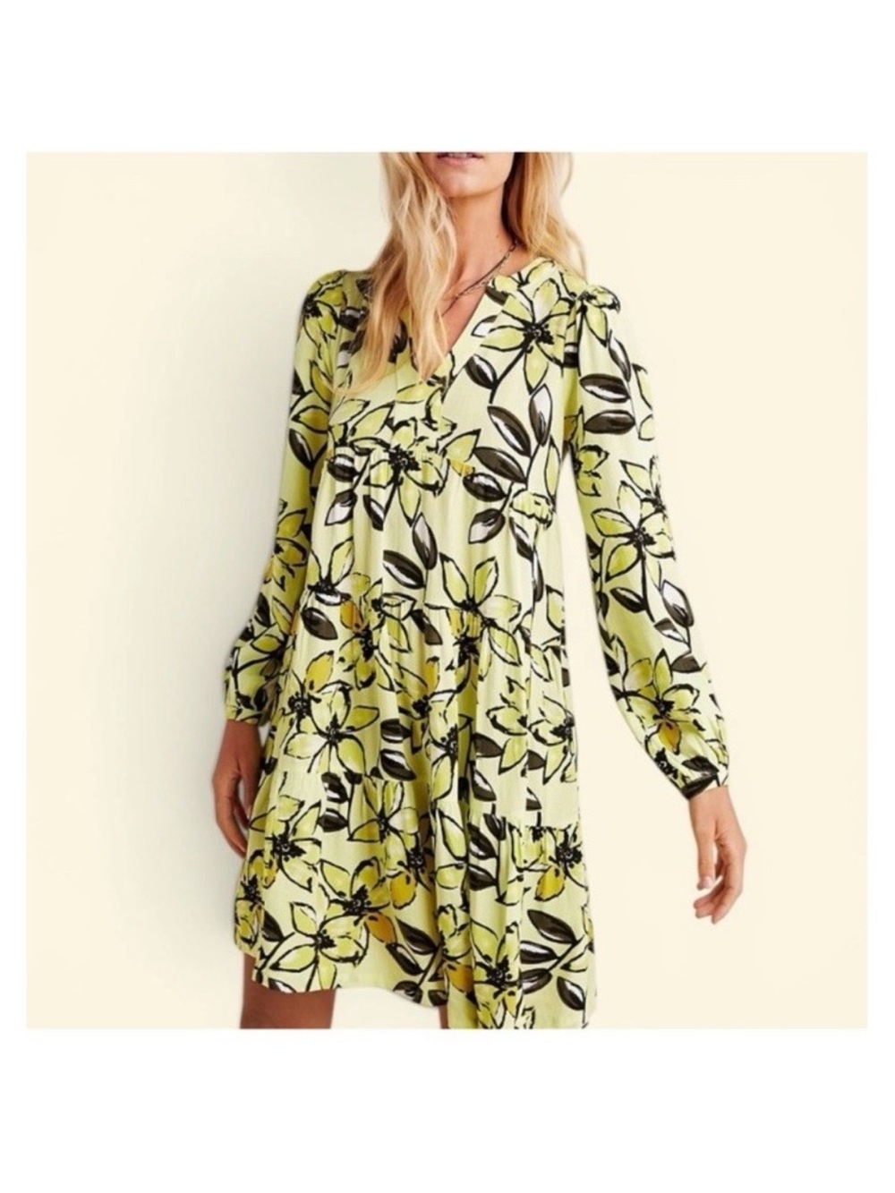 Anthropologie Maeve Yellow Floral Amber Tiered Tunic Dress Black Size Small
